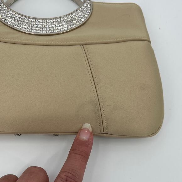Kate Landry Rhinestones Cocktail Tan Purse Clutch Handle Grommets Strap Retro - Picture 7 of 14